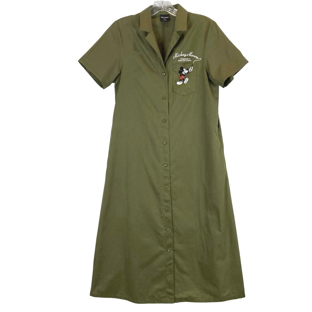 DISNEY X MOUSSY Dress~S~M Olive-Green-Khaki Mickey-Mouse Pocket Btn-Up Midi-Maxi